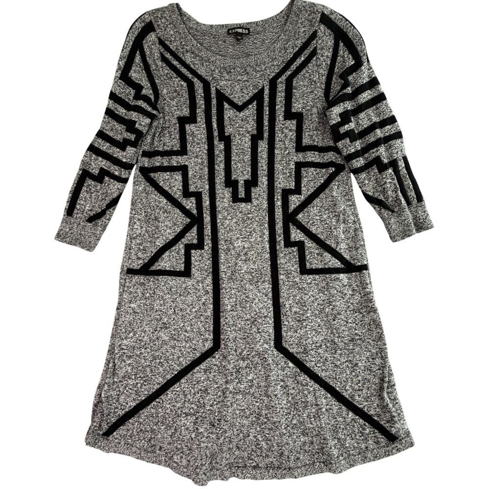 Black Geo Print Long‎ Sleeve Tunic Dress Gray Black Size Medium Aztec A-Line